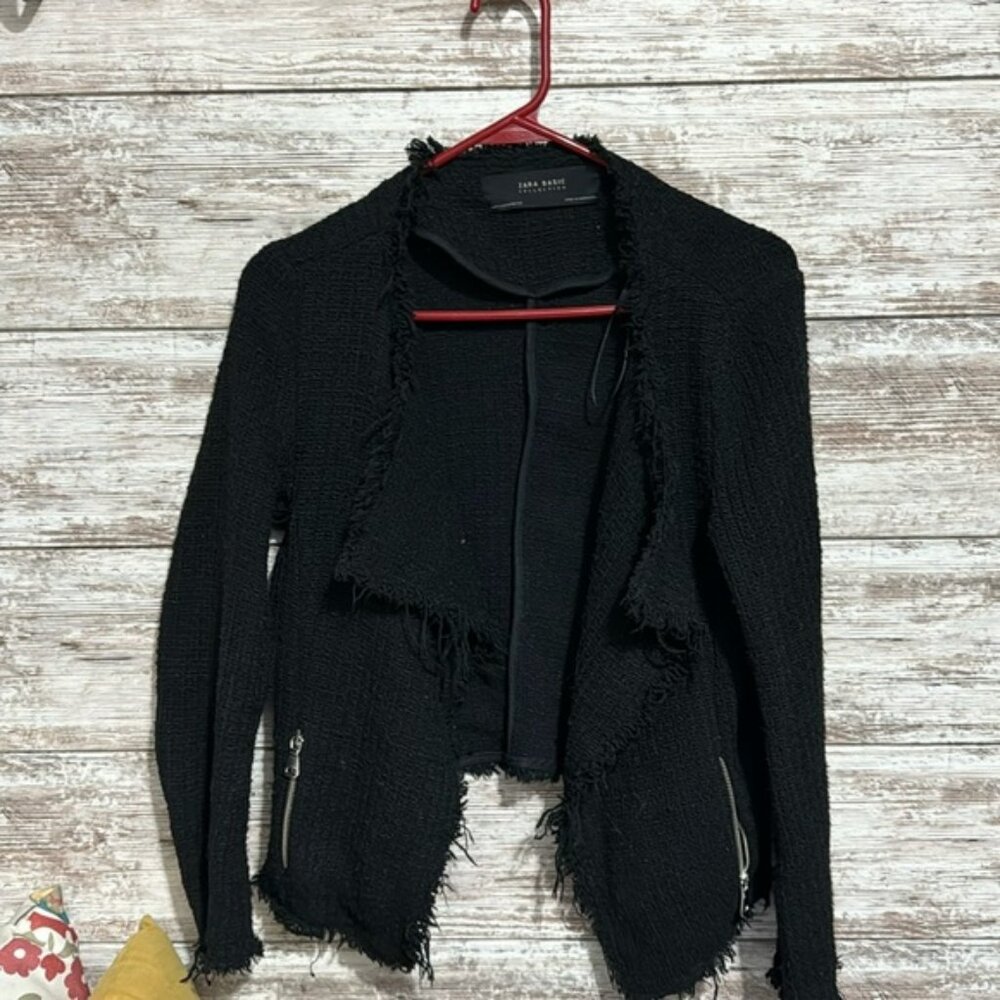 Zara Basic Collection Open Knit Fringe Sweater Jacket Womens Pockets with Zipper